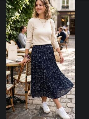 Kimchi Blue Navy Blue Polka Dot Pleated Midi Skirt